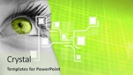  Presentation with interface - Slide set enhanced with eye of woman looking at digital interface against green background background and a yellow colored foreground