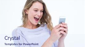  Presentation with wireless charging mobiles smartphone - Theme consisting of eye phone - smiling woman using smartphone background and a sky blue colored foreground