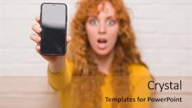  Presentation with woman praying over bible - PPT layouts having eye phone - young redhead woman sitting background and a gold colored foreground