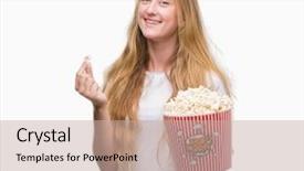  Presentation with eating - Cool new PPT theme with eye popping - blonde teenager woman eating pop backdrop and a soft green colored foreground