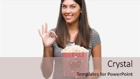  Presentation with mindful eating - PPT theme with eye popping - young beautiful hispanic eating popcorn background and a  colored foreground