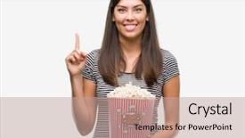  Presentation with questions question marks idea - Theme with eye popping - young beautiful hispanic eating popcorn background and a coral colored foreground