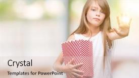  Presentation with popcorn - PPT theme featuring eye popping - young blonde toddler holding popcorn background and a lemonade colored foreground