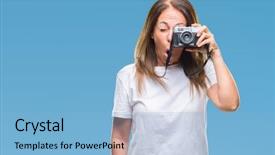  Presentation with fear - Colorful theme enhanced with eye prent - middle age hispanic woman taking backdrop and a light blue colored foreground