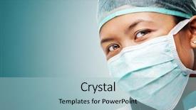  Presentation with medical protective wears - Beautiful presentation theme featuring eye protection - female medical worker gazing backdrop and a  colored foreground