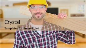 Presentation with wood planks - Beautiful PPT theme featuring eye protection - handyman holding wood planks backdrop and a coral colored foreground