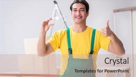  Presentation with construction site construction - PPT theme consisting of eye protection - worker wearing protective goggles background and a soft green colored foreground