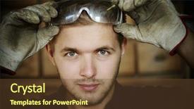  Presentation with leather craft work table - Cool new theme with eye safety glasses - craft worker working in workshop backdrop and a tawny brown colored foreground