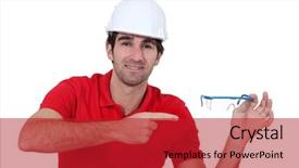  Presentation with evolution of man - Beautiful presentation featuring eye safety glasses - man pointing to his goggles backdrop and a  colored foreground