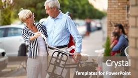  Presentation with customers - Beautiful PPT theme featuring eye tracking - happy senior customers to buying backdrop and a violet colored foreground