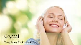  Presentation with music headphones - Audience pleasing theme consisting of eye tracking - technology music and happiness concept backdrop and a blonde colored foreground