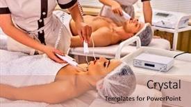  Presentation with aging skin - Presentation design consisting of eye ultrasound - couple facial massage beauty salon background and a  colored foreground