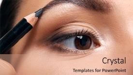  Presentation with cosmetics - Presentation having eyebrow pencil - beautiful girl applying cosmetics closeup background and a coral colored foreground