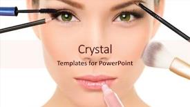  Presentation with blush brushes lip gloss - Amazing theme having eyebrow pencil - makeup concept - asian woman backdrop and a lemonade colored foreground