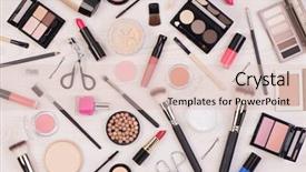  Presentation with lipstick - Amazing PPT layouts having eyebrow pencil - makeup cosmetics such as eyeshadows backdrop and a lemonade colored foreground