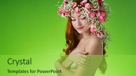  Presentation with makeup - PPT theme enhanced with eyed redhead girl with bright makeup and a wreath of spring flowers tulips on the head on green background background and a yellow colored foreground