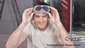  Presentation with young man on the phone - Audience pleasing presentation consisting of eyegear - portrait of a young smiling backdrop and a  colored foreground