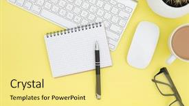  Presentation with cup coffee - Presentation consisting of eyeglasses copy space on yelow background and a blonde colored foreground