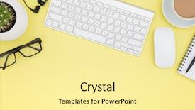  Presentation with pen laptop coffee cup clips - Slide deck having eyeglasses copy space on yelow background and a blonde colored foreground