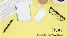  Presentation with pen laptop coffee cup clips - Slide set enhanced with eyeglasses copy space on yelow background and a blonde colored foreground