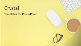  Presentation with coffee cup - Audience pleasing presentation design consisting of eyeglasses copy space on yelow backdrop and a blonde colored foreground