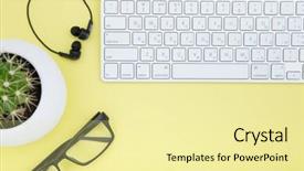  Presentation with coffee cup - Slides featuring eyeglasses copy space on yelow background and a blonde colored foreground