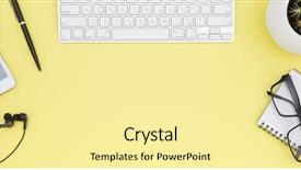  Presentation with cup coffee - Slides having eyeglasses copy space on yelow background and a blonde colored foreground