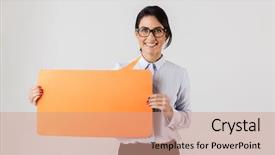  Presentation with office - Beautiful presentation theme featuring eyeglasses holding yellow copyspace placard backdrop and a coral colored foreground