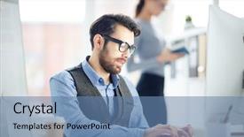  Presentation with monitor computer - PPT theme with eyeglasses typing on desktop background and a teal colored foreground