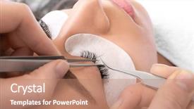  Presentation with young woman wearing boxer gloves - Presentation enhanced with eyelashes - young woman undergoing eyelash extensions background and a coral colored foreground