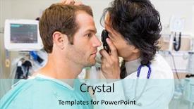  Presentation with eye doctor - Cool new slide deck with health eyes - doctor with ophthalmoscope examining patient's backdrop and a arctic colored foreground
