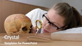 Presentation with human anatomy - Colorful PPT layouts enhanced with eyes anatomy - woman examining a human skull backdrop and a coral colored foreground