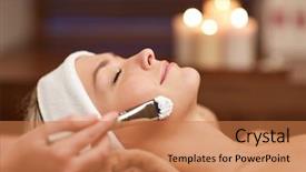  Presentation with skincare - Colorful PPT theme enhanced with eyes and cosmetologist applying facial backdrop and a coral colored foreground