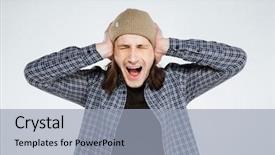  Presentation with blue eyes technology close up - PPT theme featuring eyes and covering his ears background and a light blue colored foreground