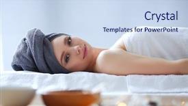  Presentation with salon - Amazing slide deck having eyes closed woman spa backdrop and a sky blue colored foreground