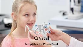  Presentation with trial - Presentation design with eyes doctor children - optician with trial frame background and a coral colored foreground