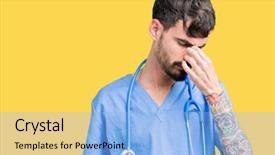  Presentation with stress nurse - Beautiful presentation theme featuring eyes feeling fatigue and headache backdrop and a light blue colored foreground