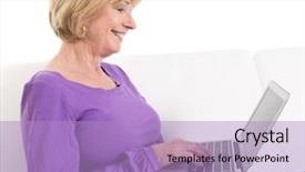  Presentation with laptop - Audience pleasing PPT theme consisting of eyes googles - happy senior woman sitting backdrop and a light blue colored foreground