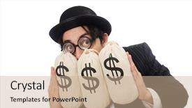  Presentation with money bag sysmbol - Presentation design consisting of eyes googles - young employee holding money bags background and a coral colored foreground