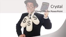  Presentation with money bag sysmbol - Audience pleasing slide set consisting of eyes googles - young employee holding money bags backdrop and a light gray colored foreground