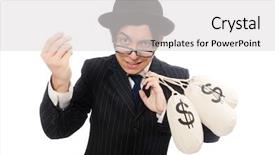  Presentation with money bag sysmbol - PPT layouts with eyes googles - young employee holding money bags background and a light gray colored foreground