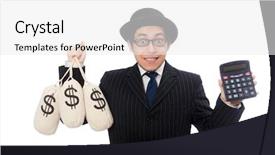  Presentation with money bag sysmbol - Amazing slide deck having eyes googles - young employee holding money bags backdrop and a white colored foreground