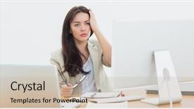  Presentation with young business woman smile show - Slide deck with eys - serious young casual business woman background and a mint green colored foreground