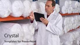  Presentation with textile spinning machine in factory - Beautiful presentation design featuring fabric inventory - warehouse supervisor man manager backdrop and a lemonade colored foreground