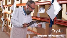  Presentation with warehouse - Audience pleasing presentation theme consisting of fabric inventory - warehouse supervisor manager man backdrop and a  colored foreground