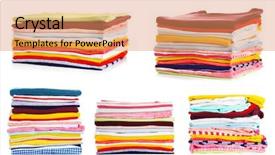  Presentation with tan book stack stacks of books - Slide deck having fabric stock - stacks of folded clothes background and a coral colored foreground