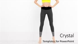  Presentation with yellow - PPT layouts with beautiful young girl in yellow top and grey pants for yoga near white wall background and a white colored foreground