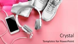  Presentation with headphones - PPT theme having headphones and sport equipment background and a coral colored foreground