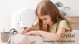  Presentation with sewing machine - Colorful presentation design enhanced with carefulness - little girl carefully working backdrop and a coral colored foreground