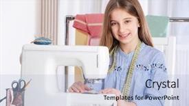  Presentation with tailor made - Cool new PPT theme with girl working with sewing machine backdrop and a light blue colored foreground